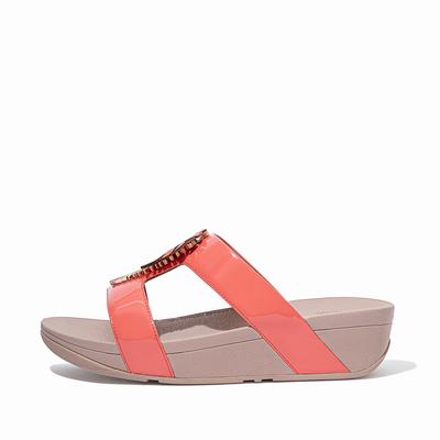 Fitflop Women's LOTTIE Jungle Leaf Patent Slides Sandals - Coral Pink, PE1693054